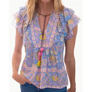NEW BELL kiara v neck top in blue yellow print